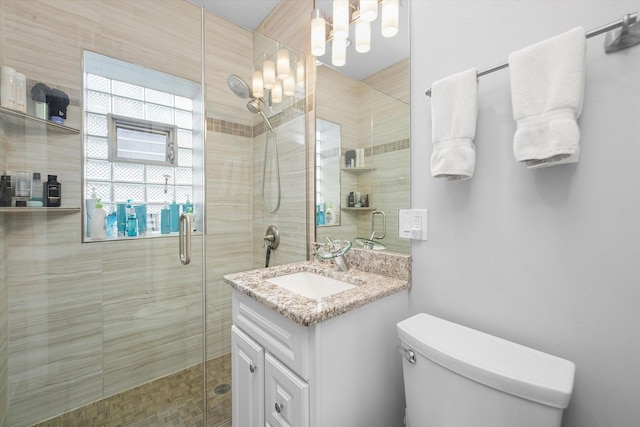 bathroom featuring vanity, a shower with door, and toilet