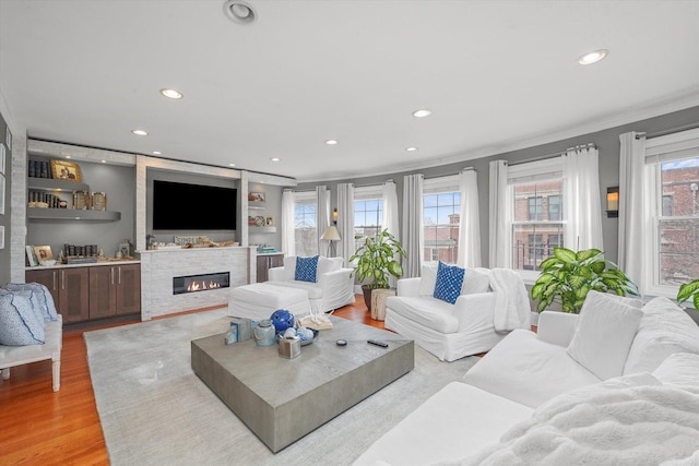 living room with ornamental molding and light wood-type flooring