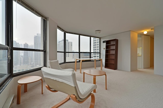 living area with a healthy amount of sunlight and light colored carpet