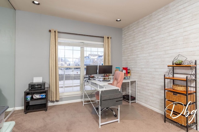 office space featuring recessed lighting, carpet flooring, and baseboards