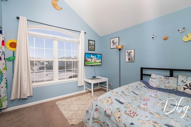 bedroom featuring lofted ceiling, baseboards, and carpet