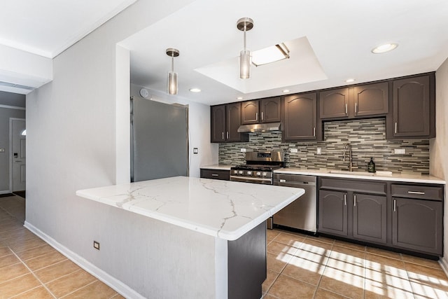 kitchen featuring sink, appliances with stainless steel finishes, hanging light fixtures, backsplash, and dark brown cabinets