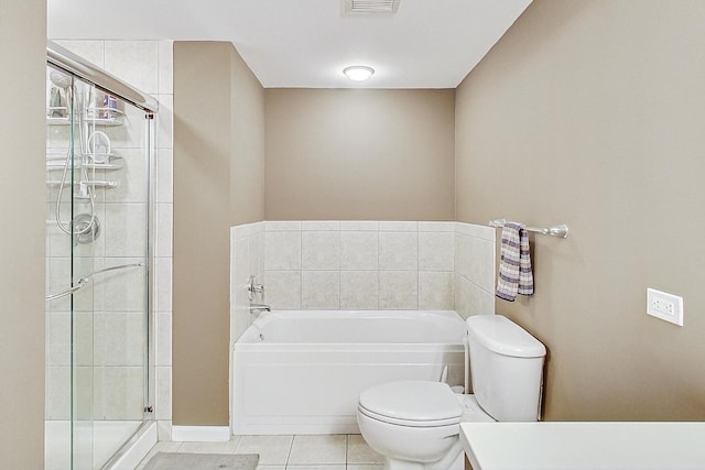 bathroom with tile patterned floors, toilet, and plus walk in shower