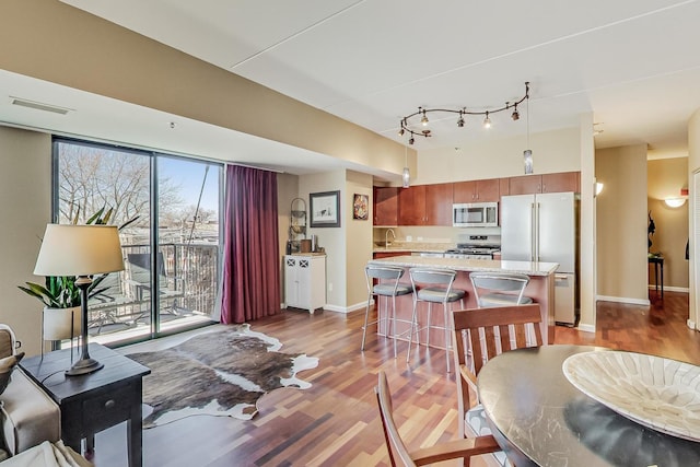 dining room featuring sink, light hardwood / wood-style flooring, and rail lighting