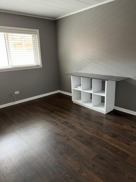 empty room with ornamental molding and dark hardwood / wood-style floors