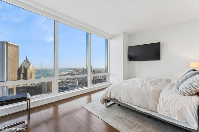 bedroom featuring a wall of windows and dark hardwood / wood-style flooring