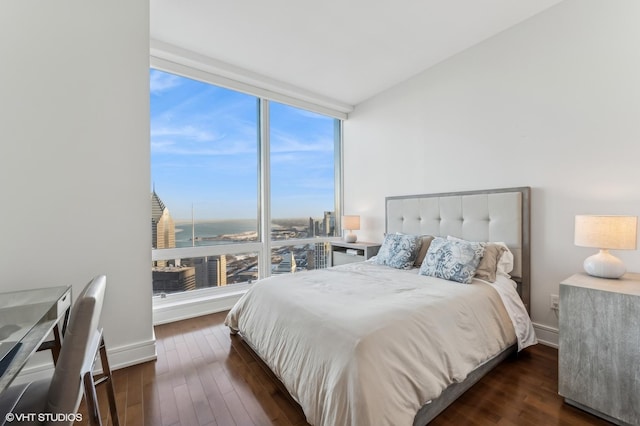 bedroom with floor to ceiling windows, a water view, and dark hardwood / wood-style floors