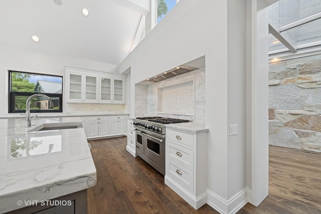 28 Brinker Rd, Barrington Hills, IL 60010 - kitchen with range with two ovens, backsplash, glass insert cabinets, white cabinetry, and dark wood-type flooring