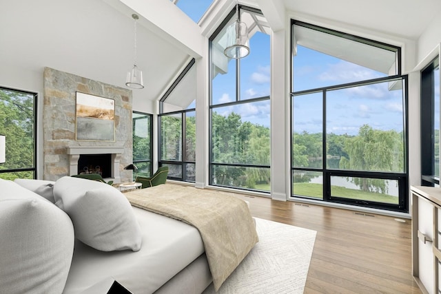 28 Brinker Rd, Barrington Hills, IL 60010 - bedroom featuring multiple windows, wood finished floors, a stone fireplace, high vaulted ceiling, and a wall of windows