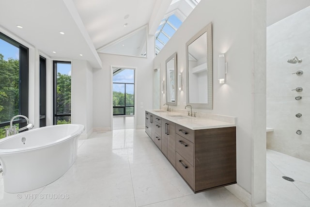 28 Brinker Rd, Barrington Hills, IL 60010 - full bath with a soaking tub, double vanity, a walk in shower, and lofted ceiling