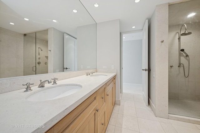 28 Brinker Rd, Barrington Hills, IL 60010 - bathroom featuring a shower stall, recessed lighting, double vanity, and tile patterned flooring