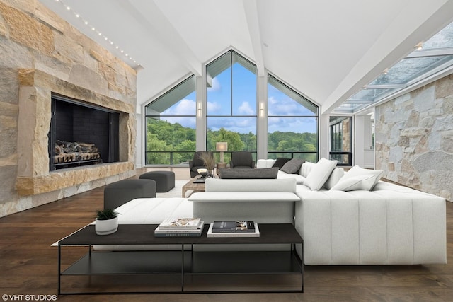 28 Brinker Rd, Barrington Hills, IL 60010 - living area featuring a premium fireplace, wood finished floors, high vaulted ceiling, and beamed ceiling