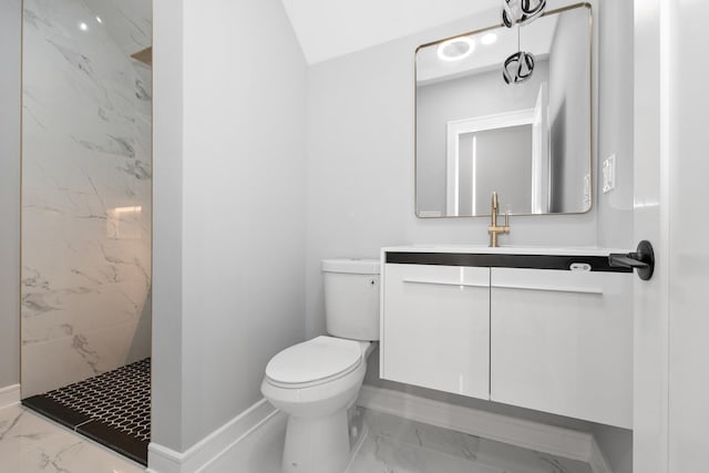 bathroom with a shower, vanity, and toilet