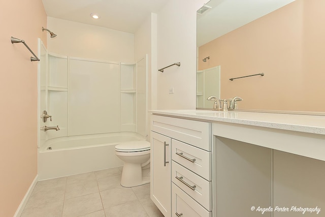 full bathroom featuring shower / tub combination, vanity, tile patterned floors, and toilet