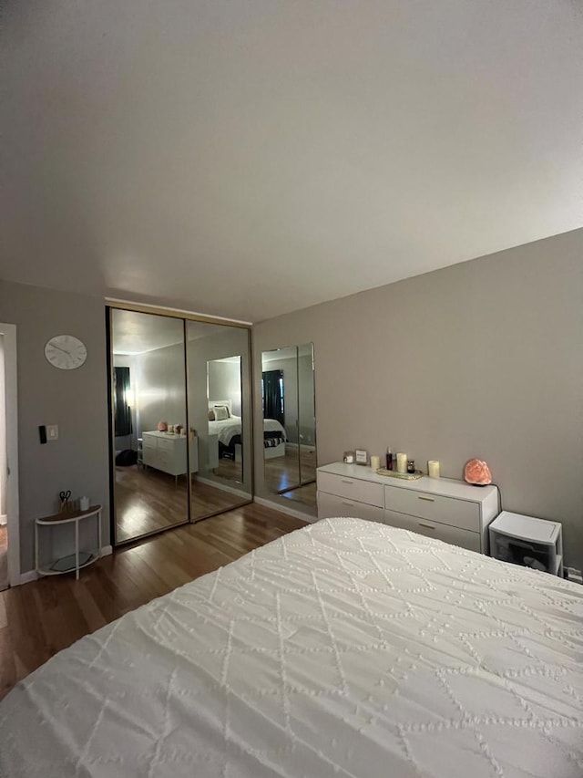 bedroom with dark wood-type flooring and a closet