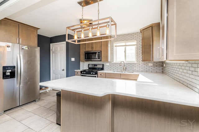 kitchen featuring sink, decorative light fixtures, appliances with stainless steel finishes, kitchen peninsula, and decorative backsplash