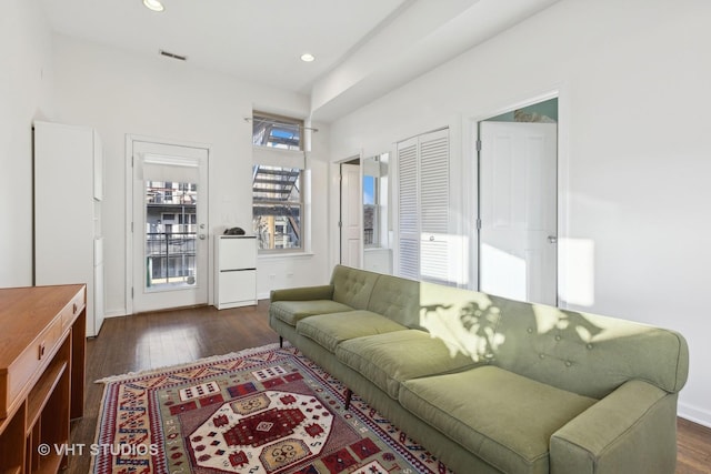 living room with dark hardwood / wood-style floors