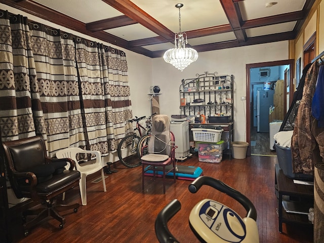 dining room with washer / dryer, hardwood / wood-style flooring, coffered ceiling, a notable chandelier, and beam ceiling