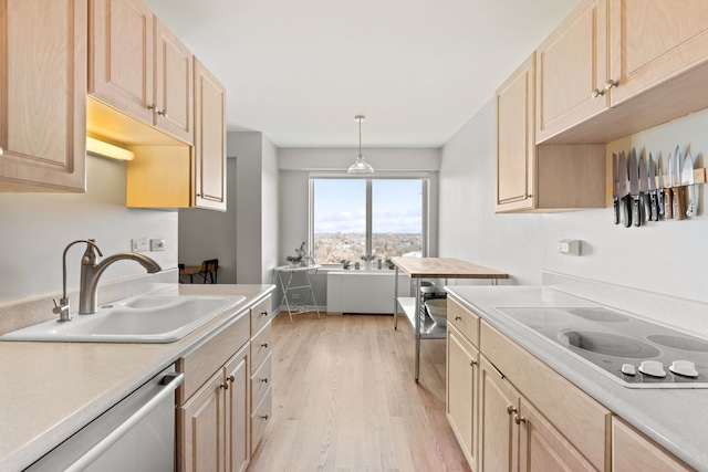 kitchen featuring stainless steel dishwasher, decorative light fixtures, sink, and light brown cabinets