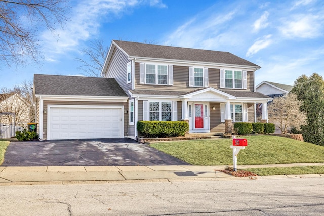 colonial home with a garage and a front yard