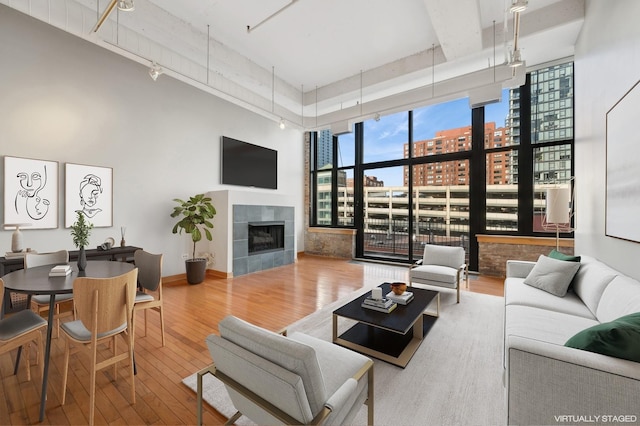 living room featuring expansive windows, a towering ceiling, hardwood / wood-style floors, and a fireplace