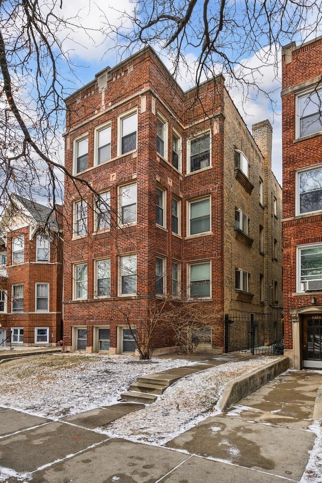 view of snow covered building