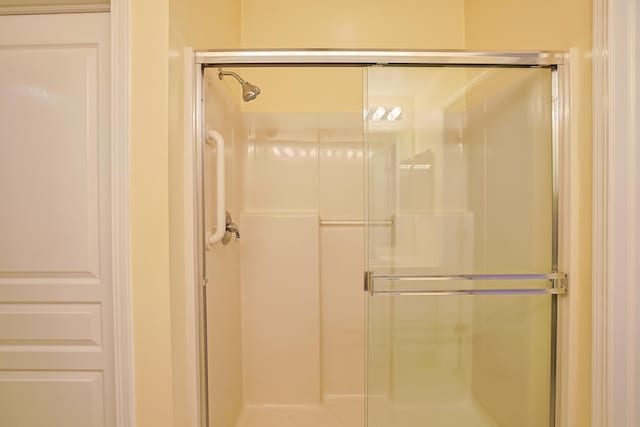 bathroom with a shower with door