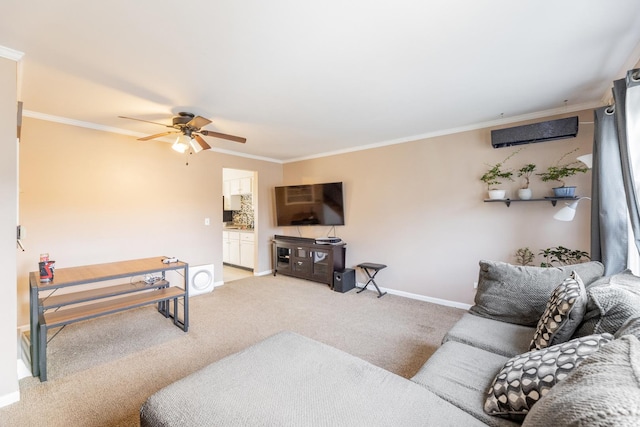 living room featuring ceiling fan, ornamental molding, and carpet flooring