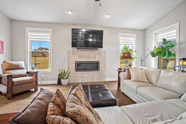 living room with a tile fireplace and wood-type flooring