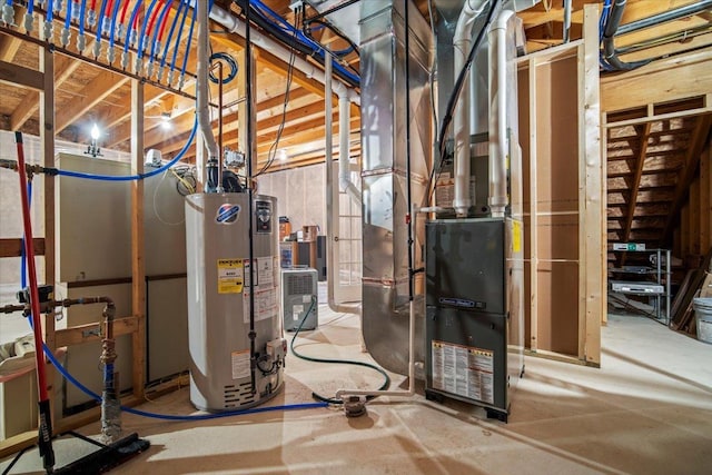 utility room featuring heating unit and water heater