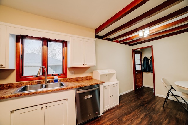 kitchen featuring white cabinetry, dark hardwood / wood-style floors, dishwasher, and sink