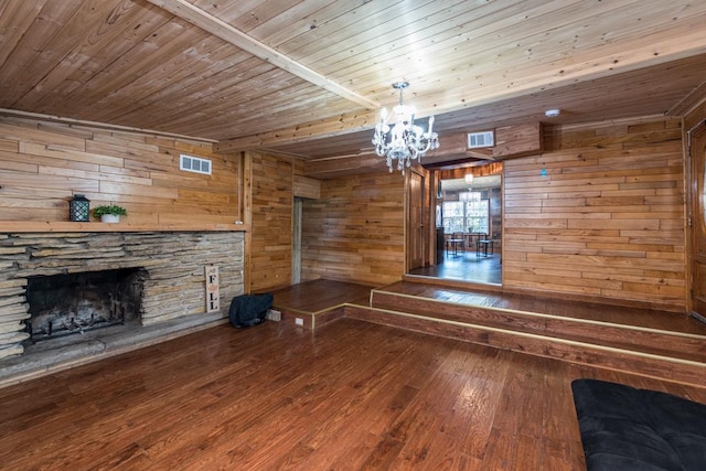 unfurnished living room with hardwood / wood-style flooring, wood ceiling, wooden walls, and a fireplace