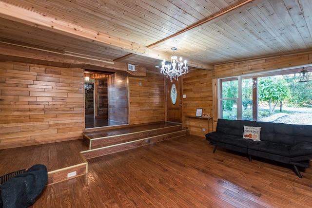 living room with wood ceiling, hardwood / wood-style flooring, and wood walls