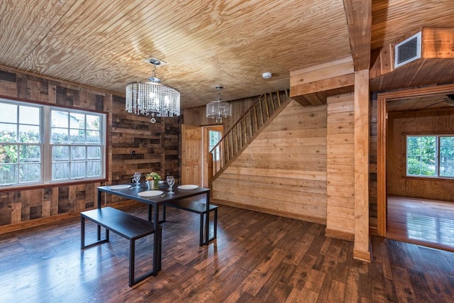 unfurnished dining area with wood ceiling, dark hardwood / wood-style floors, an inviting chandelier, and wood walls