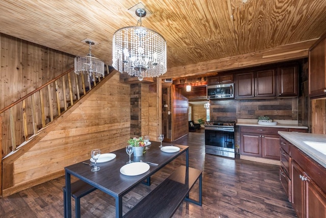 dining area featuring wood walls, wooden ceiling, dark hardwood / wood-style floors, and a notable chandelier