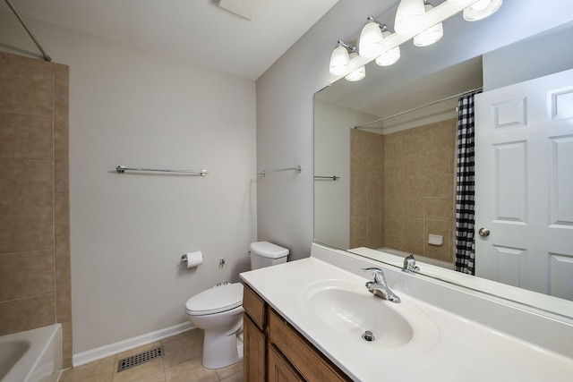 full bathroom featuring tile patterned flooring, vanity, toilet, and shower / bathtub combination with curtain