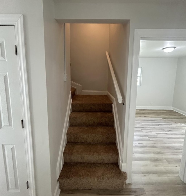 staircase with hardwood / wood-style floors