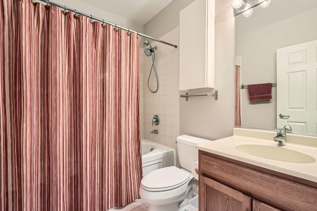 full bathroom with vanity, shower / bathtub combination with curtain, and toilet