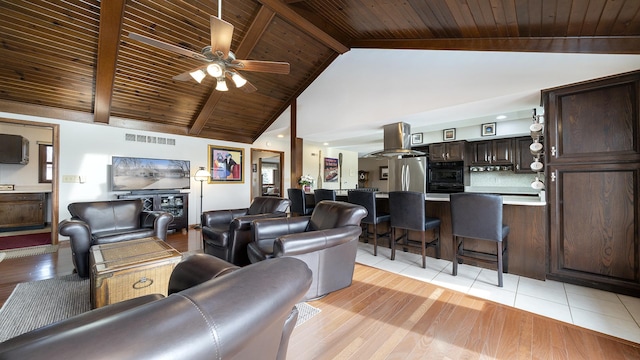 living room featuring ceiling fan, beam ceiling, high vaulted ceiling, wooden ceiling, and light wood-type flooring