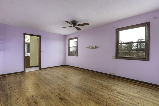 spare room with ceiling fan and light wood-type flooring