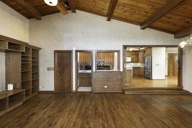 unfurnished living room with beamed ceiling, dark wood-type flooring, and wooden ceiling