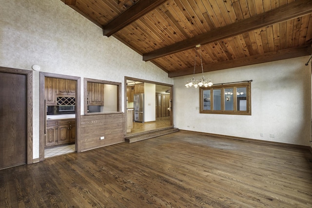 unfurnished living room featuring wood ceiling, dark hardwood / wood-style floors, beam ceiling, and a notable chandelier