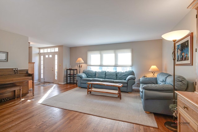 living room with a healthy amount of sunlight and light hardwood / wood-style flooring