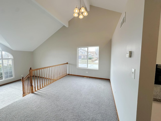 additional living space with beamed ceiling, high vaulted ceiling, carpet floors, and a chandelier