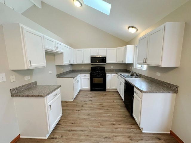 kitchen featuring white cabinets, light hardwood / wood-style floors, sink, and black appliances