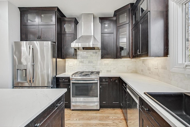 kitchen with sink, appliances with stainless steel finishes, backsplash, light hardwood / wood-style floors, and wall chimney exhaust hood