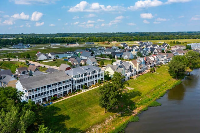 bird's eye view with a water view