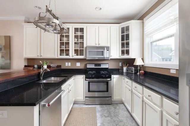 kitchen with white cabinetry, appliances with stainless steel finishes, crown molding, and sink