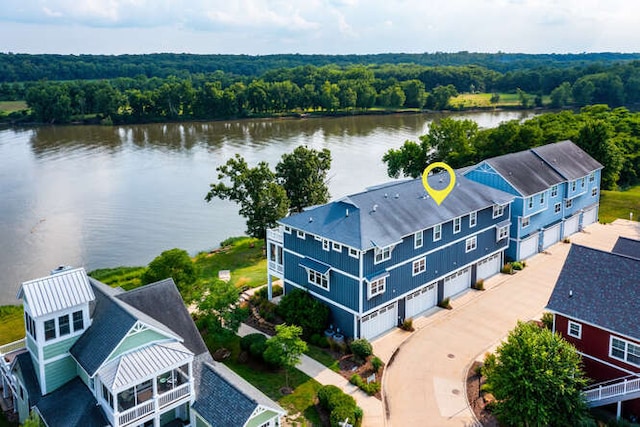 aerial view featuring a water view