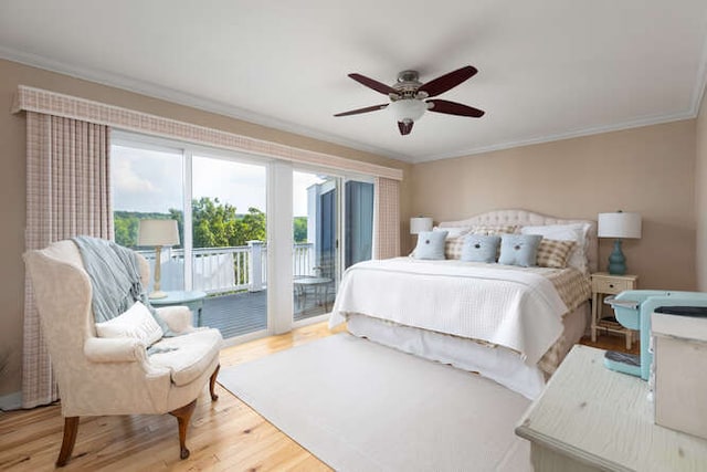 bedroom featuring hardwood / wood-style flooring, crown molding, access to outside, and ceiling fan